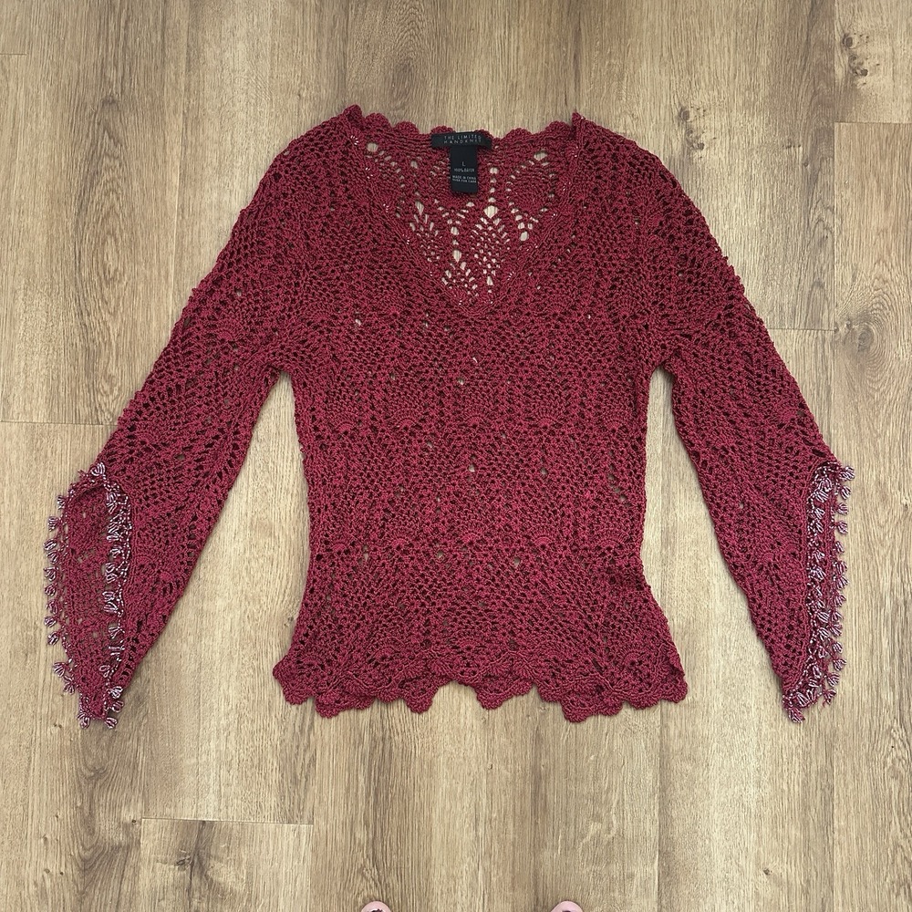 The Limited Hand Knit Crochet Open Weave Beaded Top In Deep Red